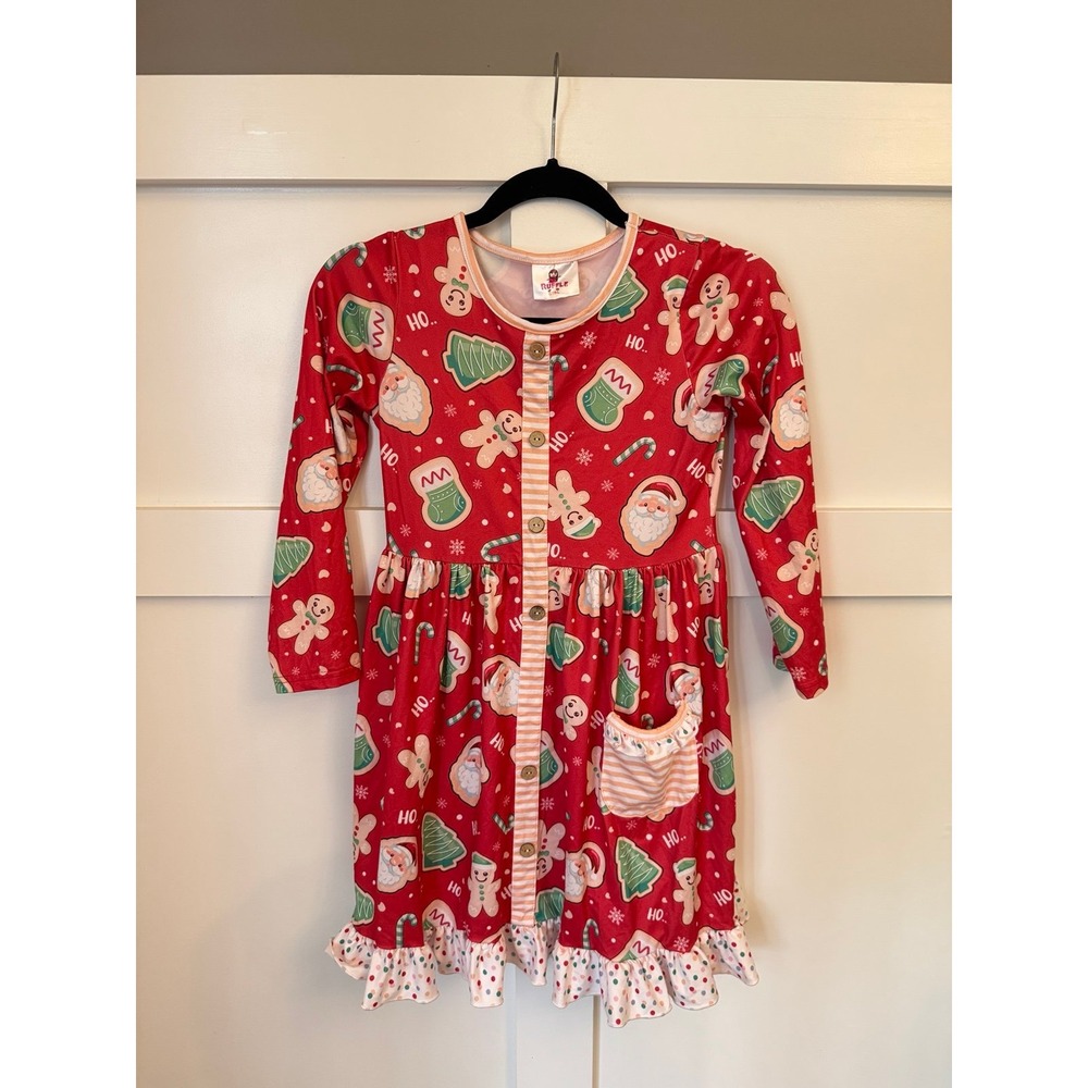 Ruffle Girls 10/12 fit Christmas print dress